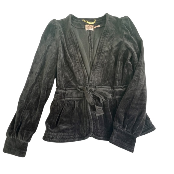 Juicy Couture Jacket Blazer Velvet Tie Waist Sz L Black Cotton Blend Puff Sleeve - Picture 1 of 7